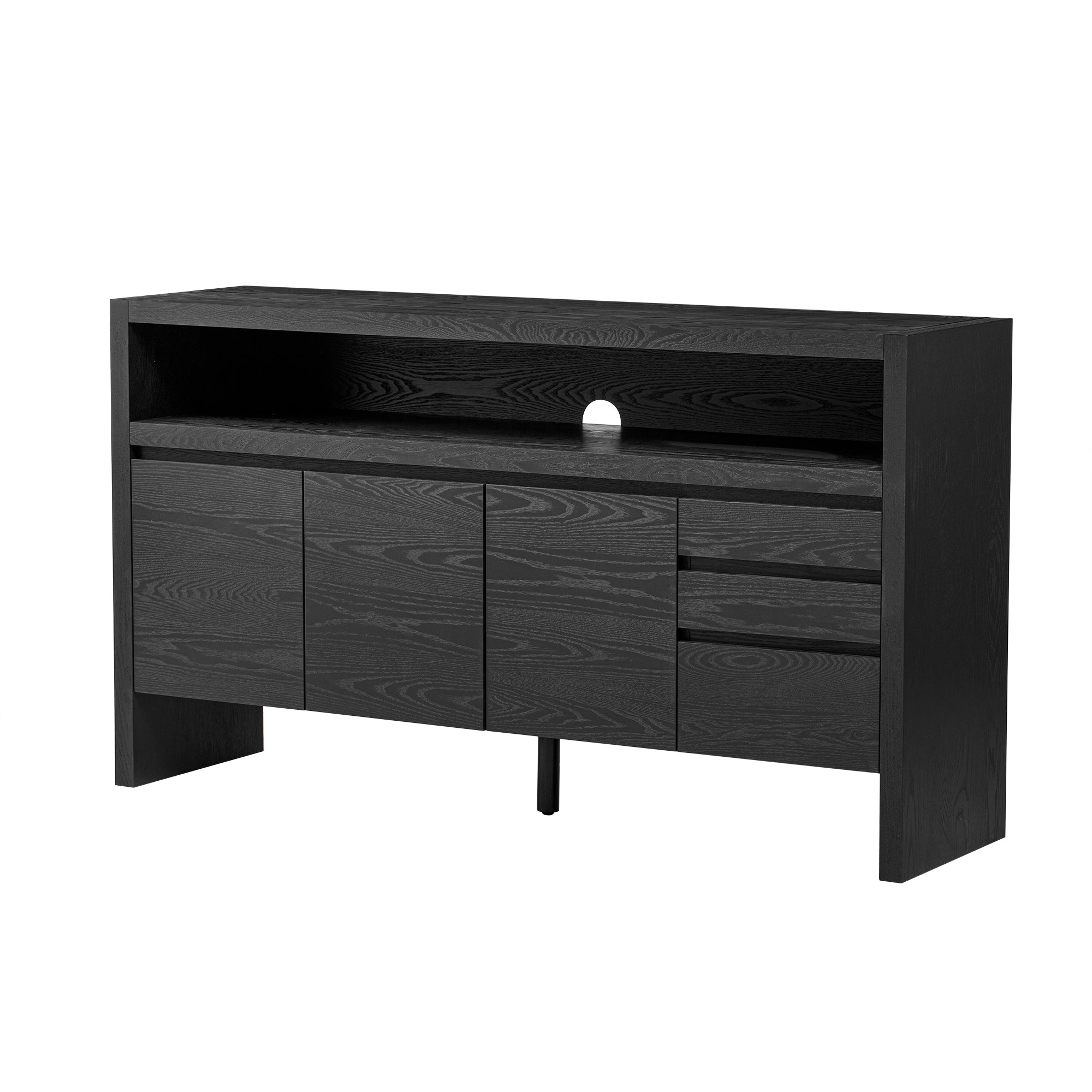 U_Style 60' 3-Door Sideboard with 3 Drawers - Modern Solid Ash Veneer MDF Sideboard, Semi-Open Shelf & Center Semi-Circular Cutout in Back Panel, Large Storage Cabinet for Living Room, Hallway, Dining