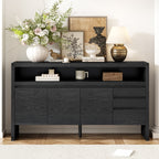 U_Style 60' 3-Door Sideboard with 3 Drawers - Modern Solid Ash Veneer MDF Sideboard, Semi-Open Shelf & Center Semi-Circular Cutout in Back Panel, Large Storage Cabinet for Living Room, Hallway, Dining