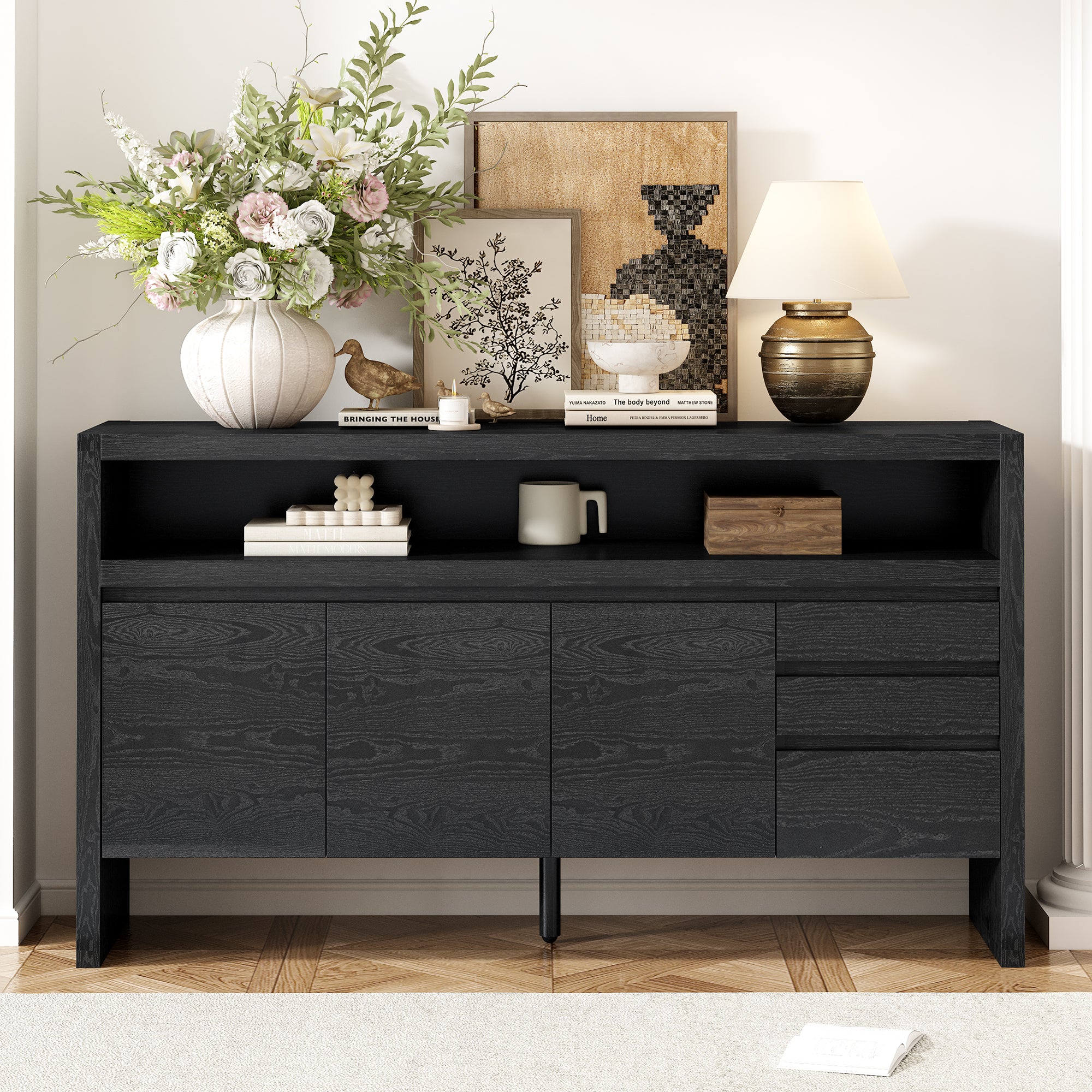 U_Style 60' 3-Door Sideboard with 3 Drawers - Modern Solid Ash Veneer MDF Sideboard, Semi-Open Shelf & Center Semi-Circular Cutout in Back Panel, Large Storage Cabinet for Living Room, Hallway, Dining