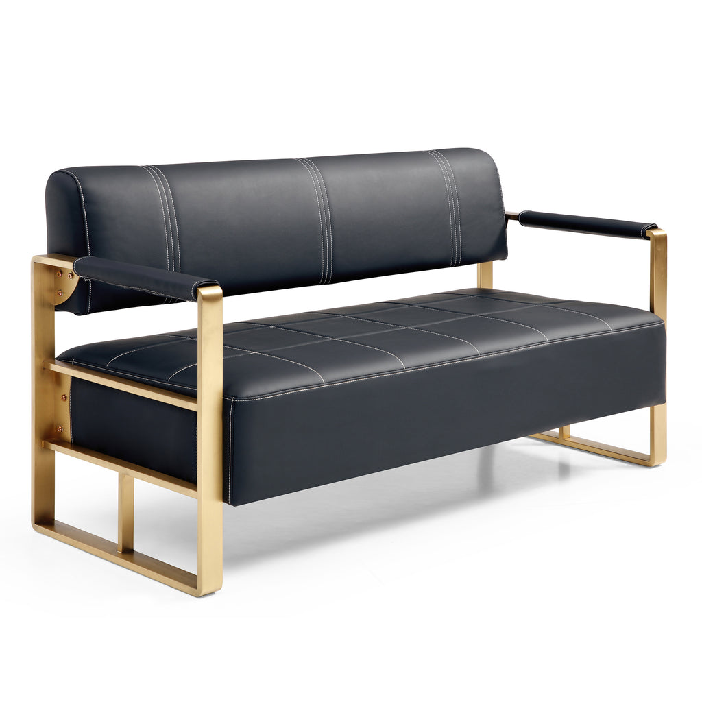 57.9 Width Modern Upholstery Faux Bonded Leather Loveseat Sofa for Living Room Accent Love Seats for Small Spaces 2 Seater Couch Sofa Office Apartment Studio Furniture with Golden Metal Arms,Black