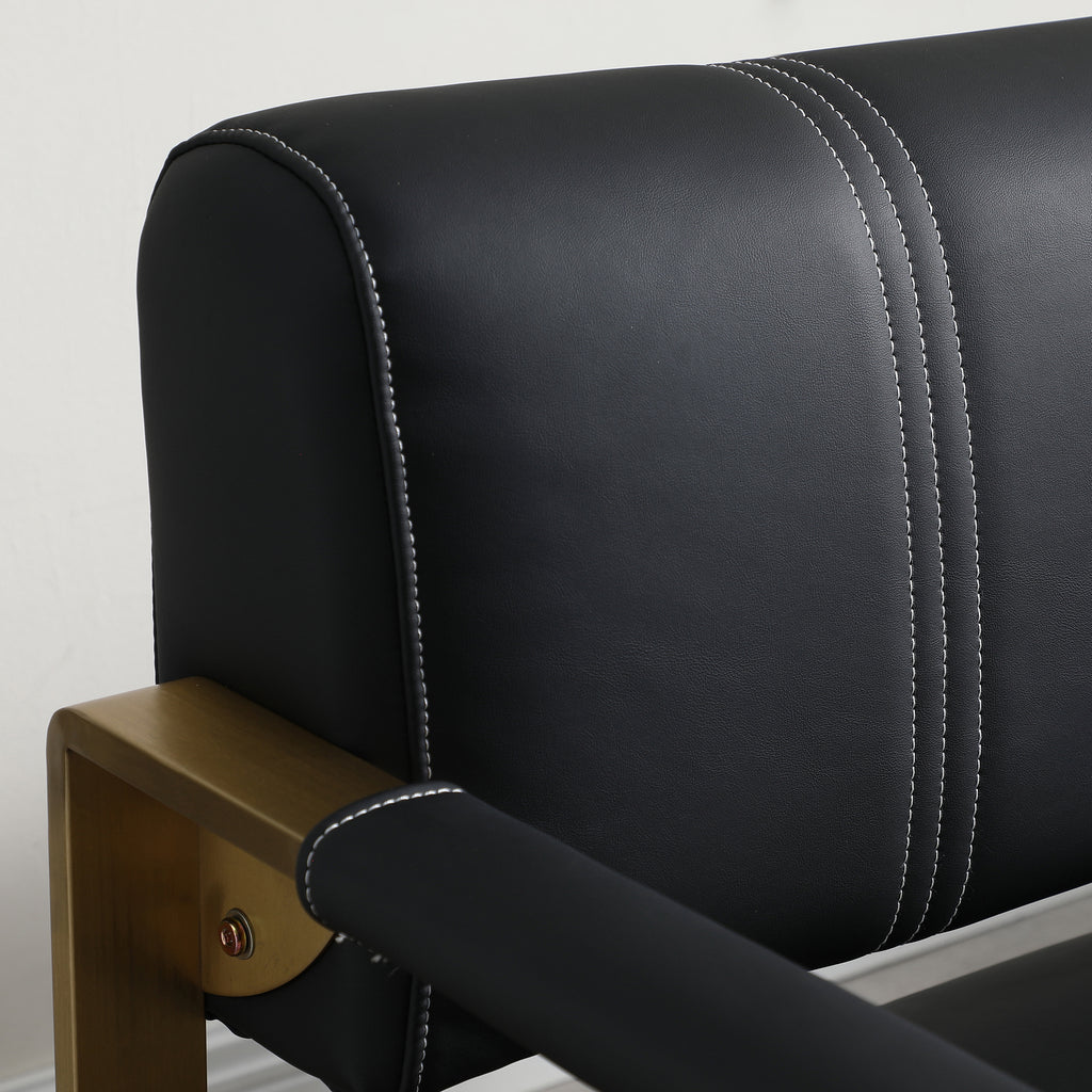 57.9 Width Modern Upholstery Faux Bonded Leather Loveseat Sofa for Living Room Accent Love Seats for Small Spaces 2 Seater Couch Sofa Office Apartment Studio Furniture with Golden Metal Arms,Black