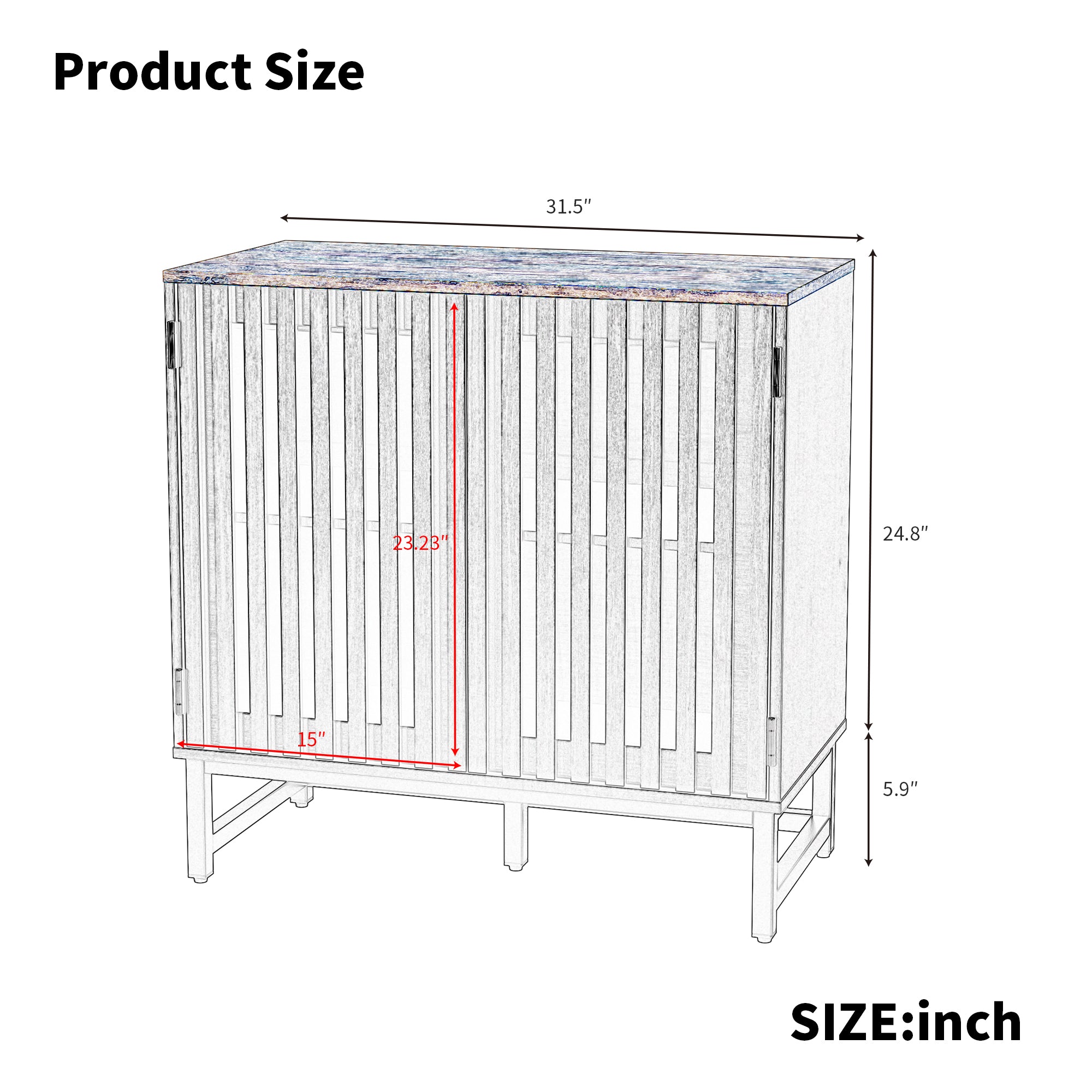 Cabinet with Slatted Grille Striped Door, Modern Style Cabinet, High-Quality MDF and Metal Leg