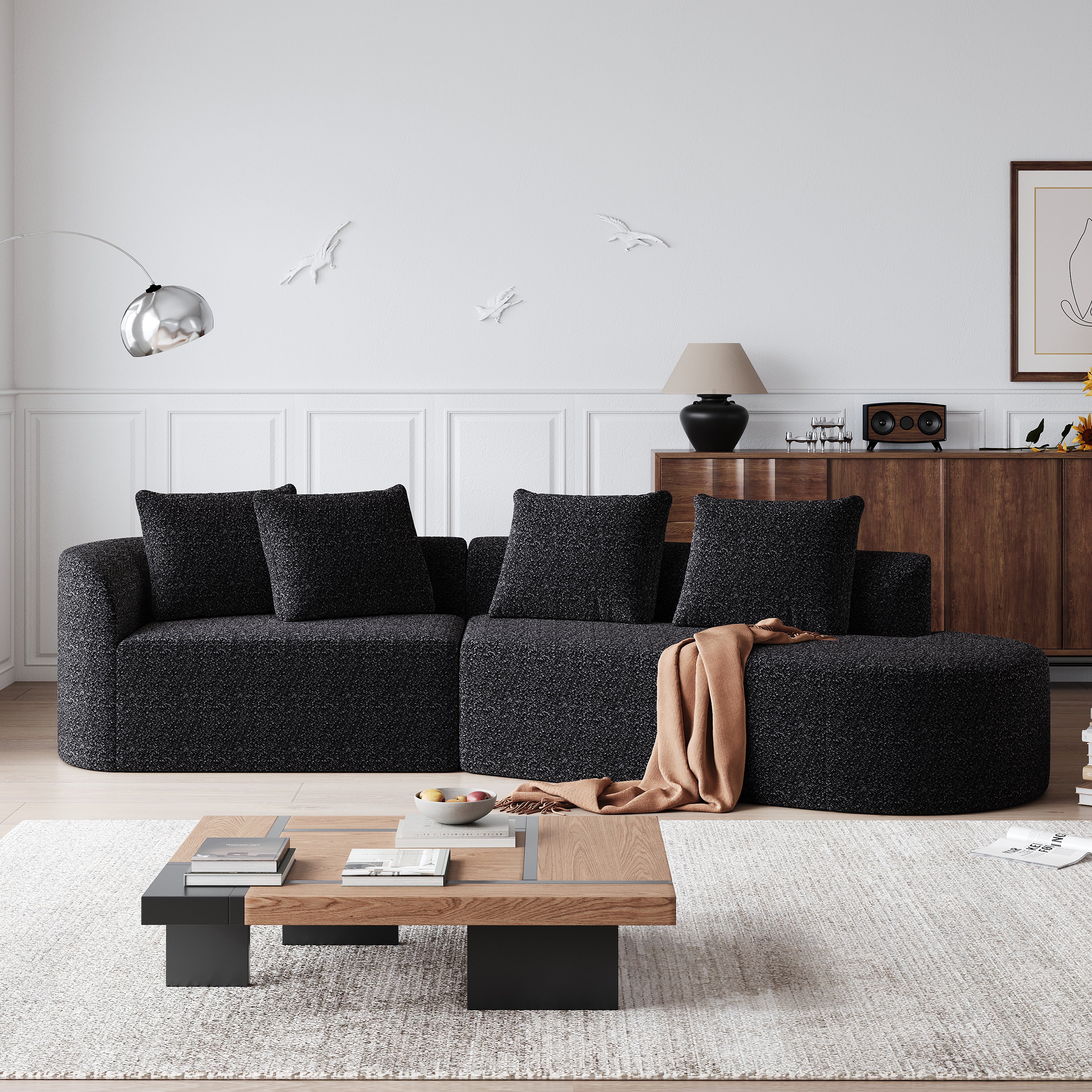 Modern Upholstered Oversized Sectional Sofa, 112-Inch Chenille 4-Seater Extra Deep & Wide Seat Curved Cloud Couch with 4 Throw Pillows, Free Combination Sofa Couch for Living Room,Bedroom