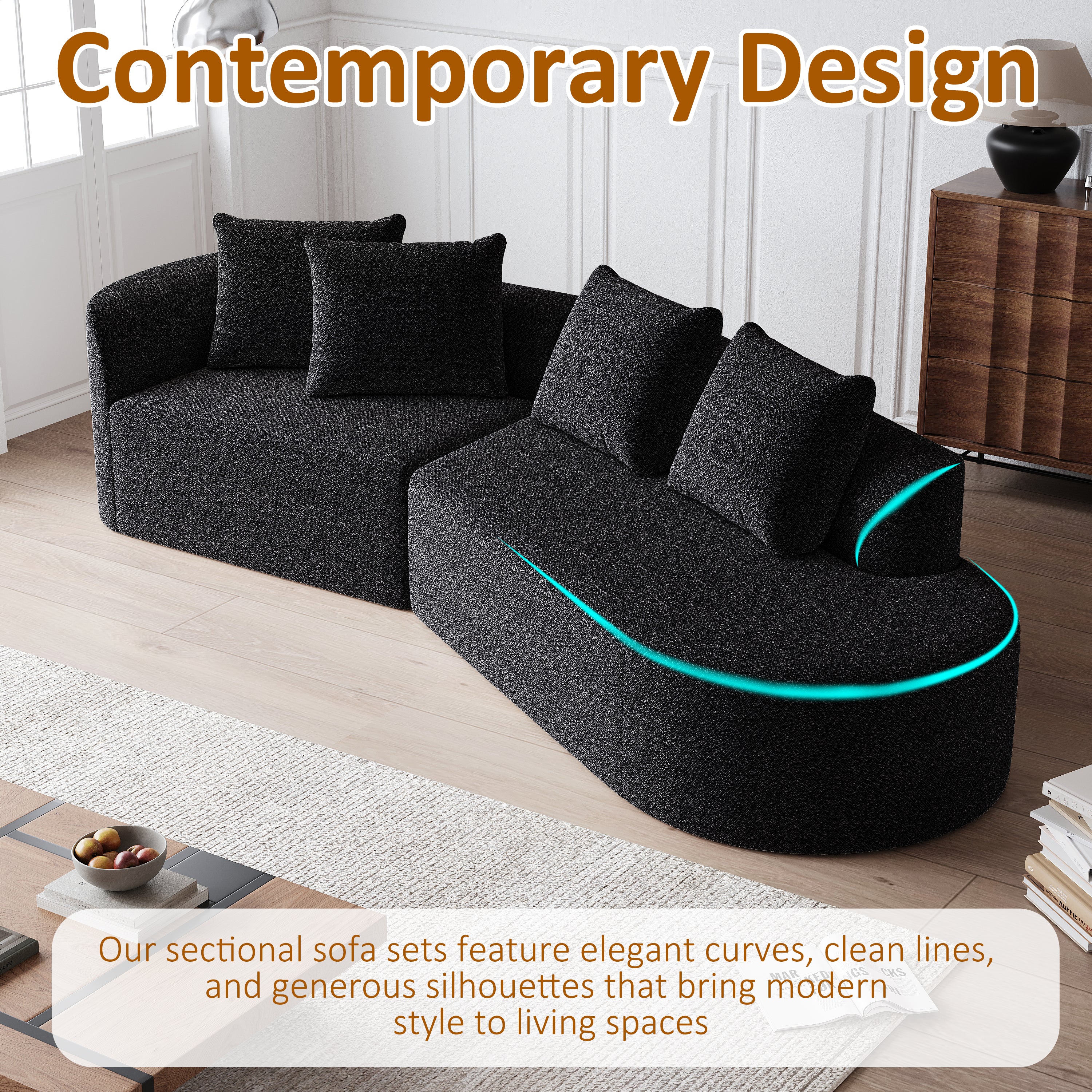 Modern Upholstered Oversized Sectional Sofa, 112-Inch Chenille 4-Seater Extra Deep & Wide Seat Curved Cloud Couch with 4 Throw Pillows, Free Combination Sofa Couch for Living Room,Bedroom