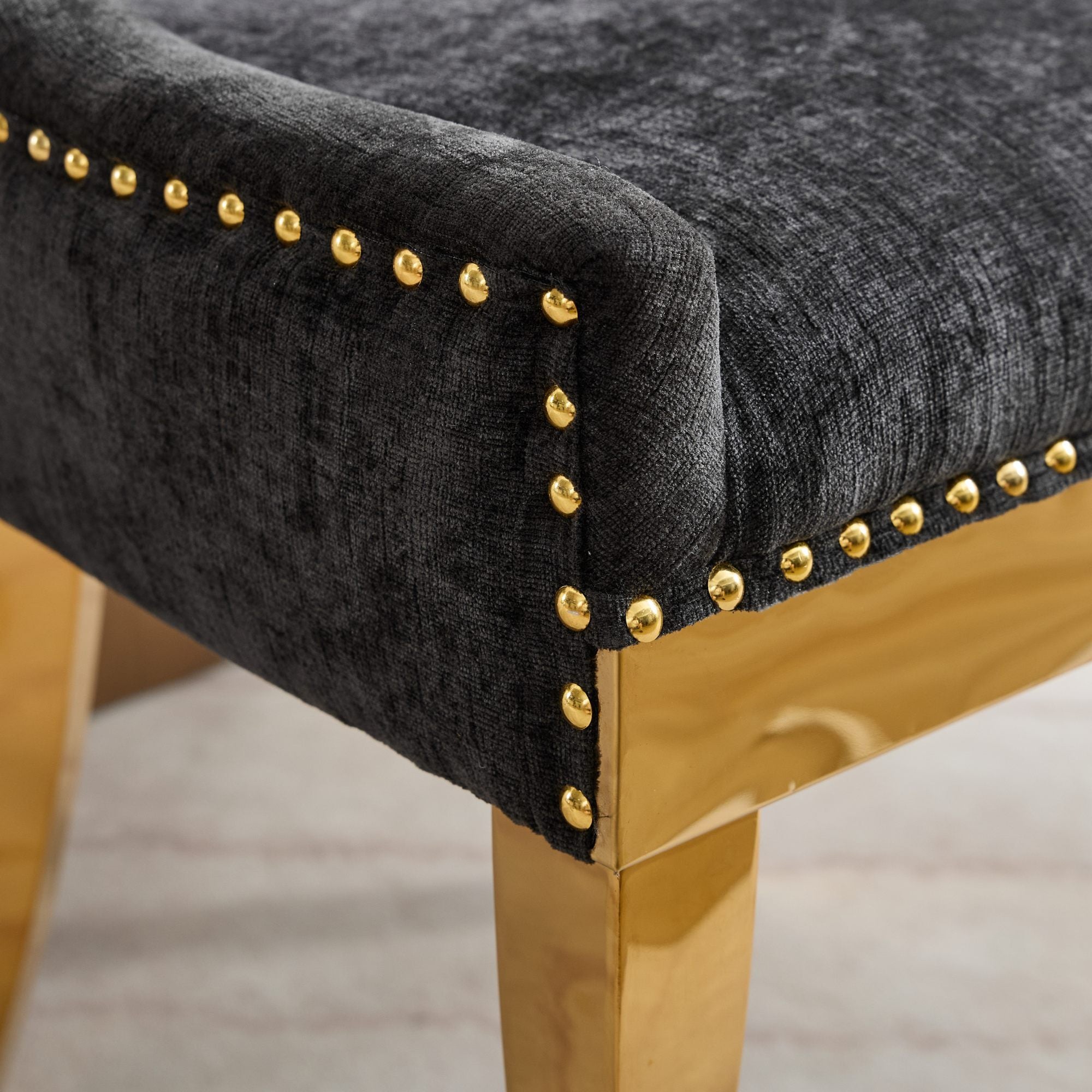 Chenille Dining Chairs, Modern Style with Curved Gold - Plated Legs & Rivet Trim, Upholstered Comfort for Dining/Lounge, Accent Seating with Textured Fabric & One - Piece Structure, Black,Set of 2