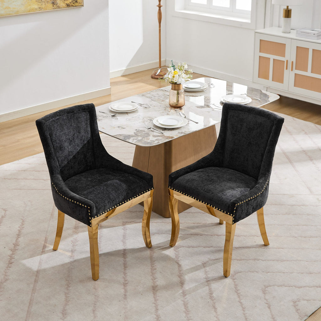 Chenille Dining Chairs, Modern Style with Curved Gold - Plated Legs & Rivet Trim, Upholstered Comfort for Dining/Lounge, Accent Seating with Textured Fabric & One - Piece Structure, Black,Set of 2