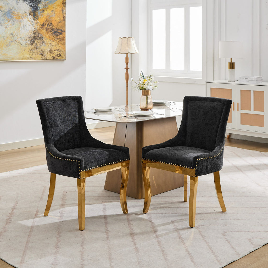 Chenille Dining Chairs, Modern Style with Curved Gold - Plated Legs & Rivet Trim, Upholstered Comfort for Dining/Lounge, Accent Seating with Textured Fabric & One - Piece Structure, Black,Set of 2