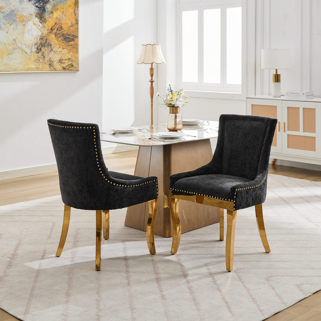 Chenille Dining Chairs, Modern Style with Curved Gold - Plated Legs & Rivet Trim, Upholstered Comfort for Dining/Lounge, Accent Seating with Textured Fabric & One - Piece Structure, Black,Set of 2