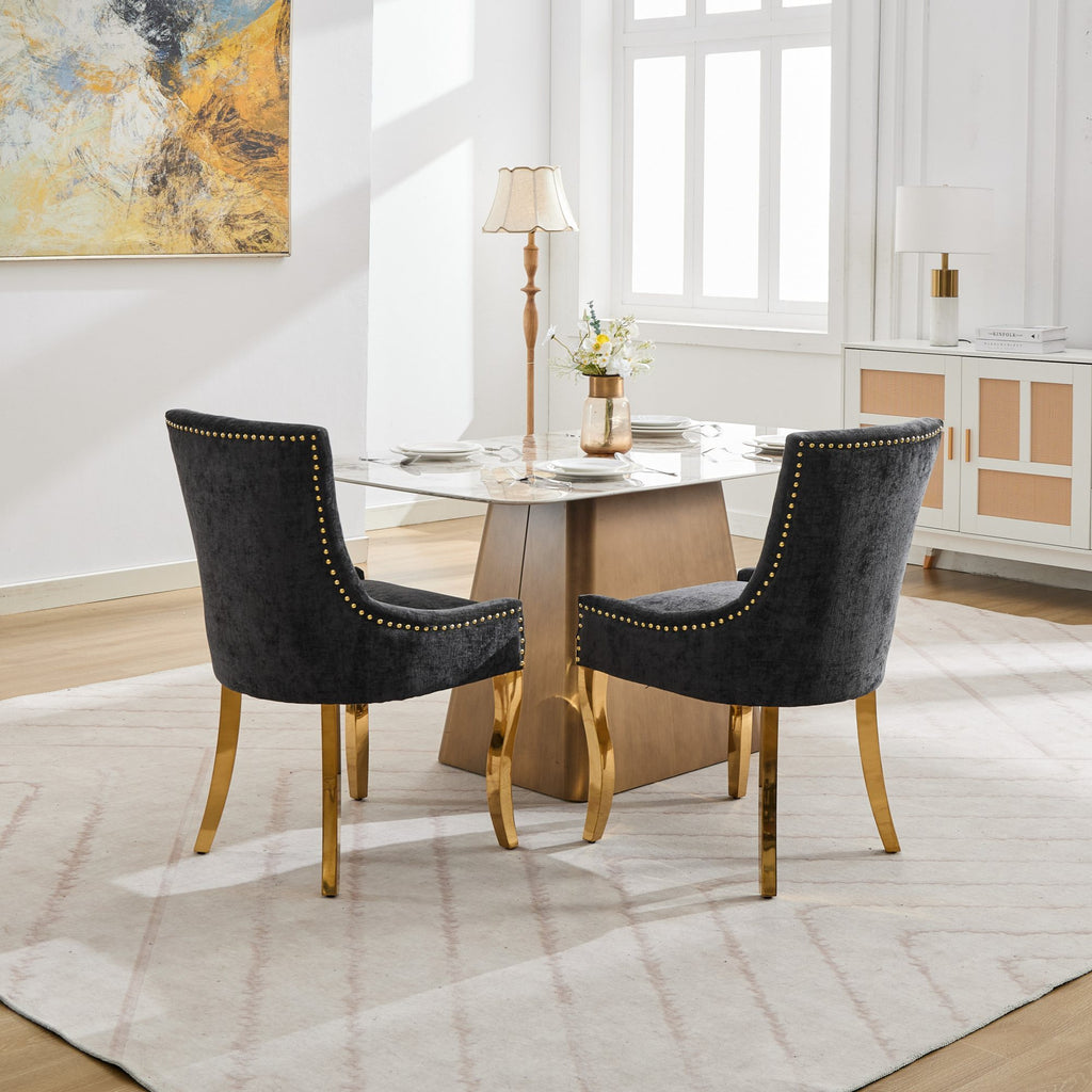 Chenille Dining Chairs, Modern Style with Curved Gold - Plated Legs & Rivet Trim, Upholstered Comfort for Dining/Lounge, Accent Seating with Textured Fabric & One - Piece Structure, Black,Set of 2