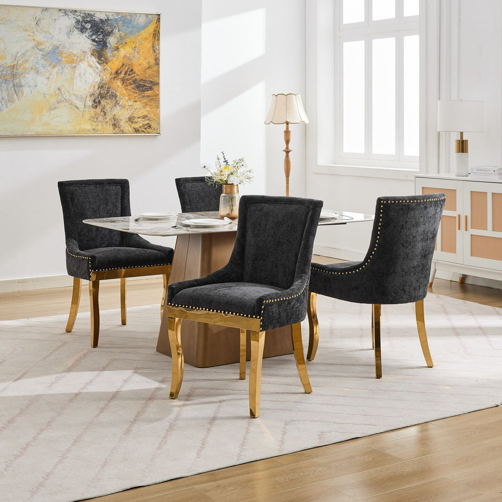 Chenille Dining Chairs, Modern Style with Curved Gold - Plated Legs & Rivet Trim, Upholstered Comfort for Dining/Lounge, Accent Seating with Textured Fabric & One - Piece Structure, Black,Set of 2
