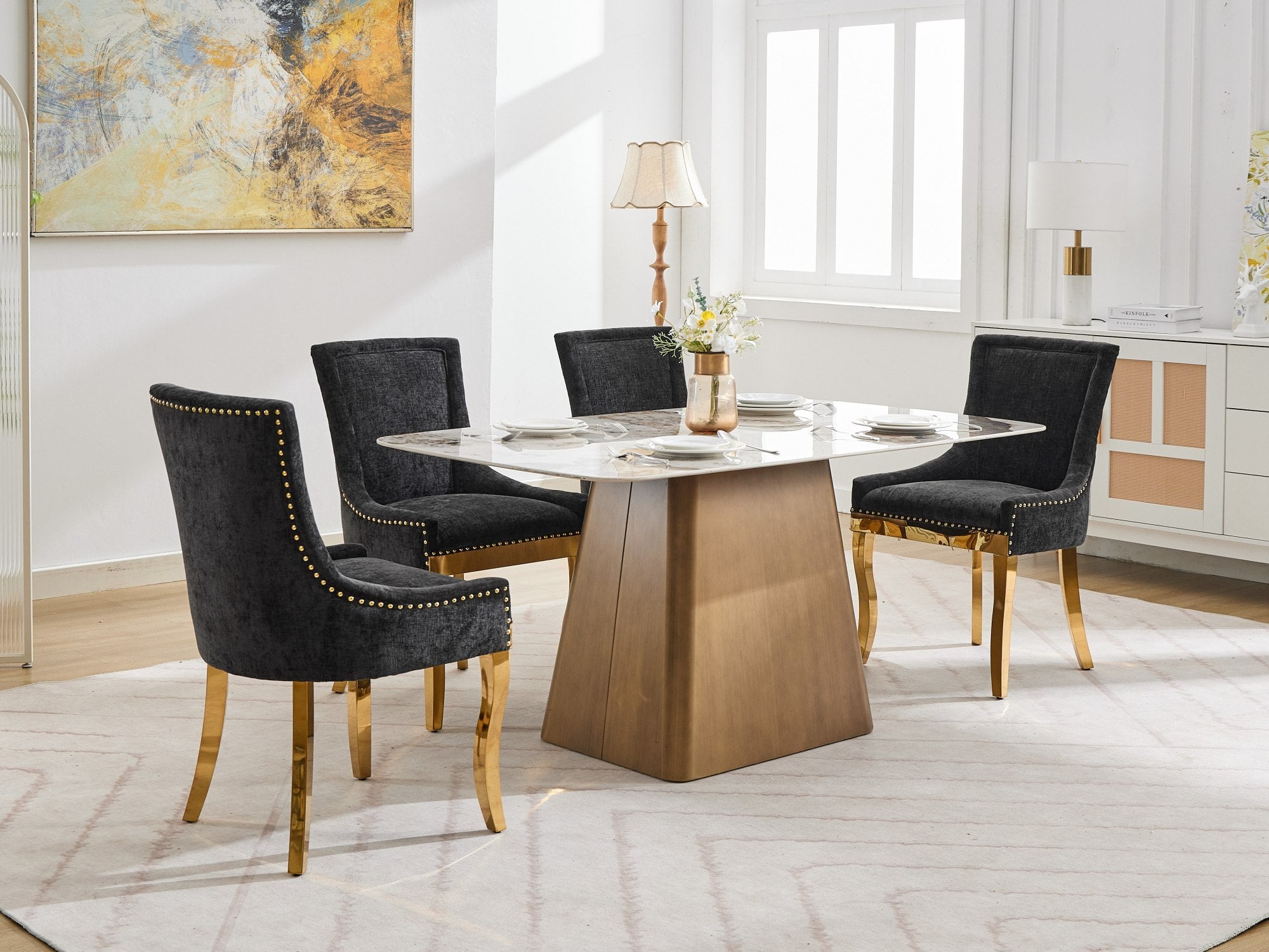 Chenille Dining Chairs, Modern Style with Curved Gold - Plated Legs & Rivet Trim, Upholstered Comfort for Dining/Lounge, Accent Seating with Textured Fabric & One - Piece Structure, Black,Set of 2