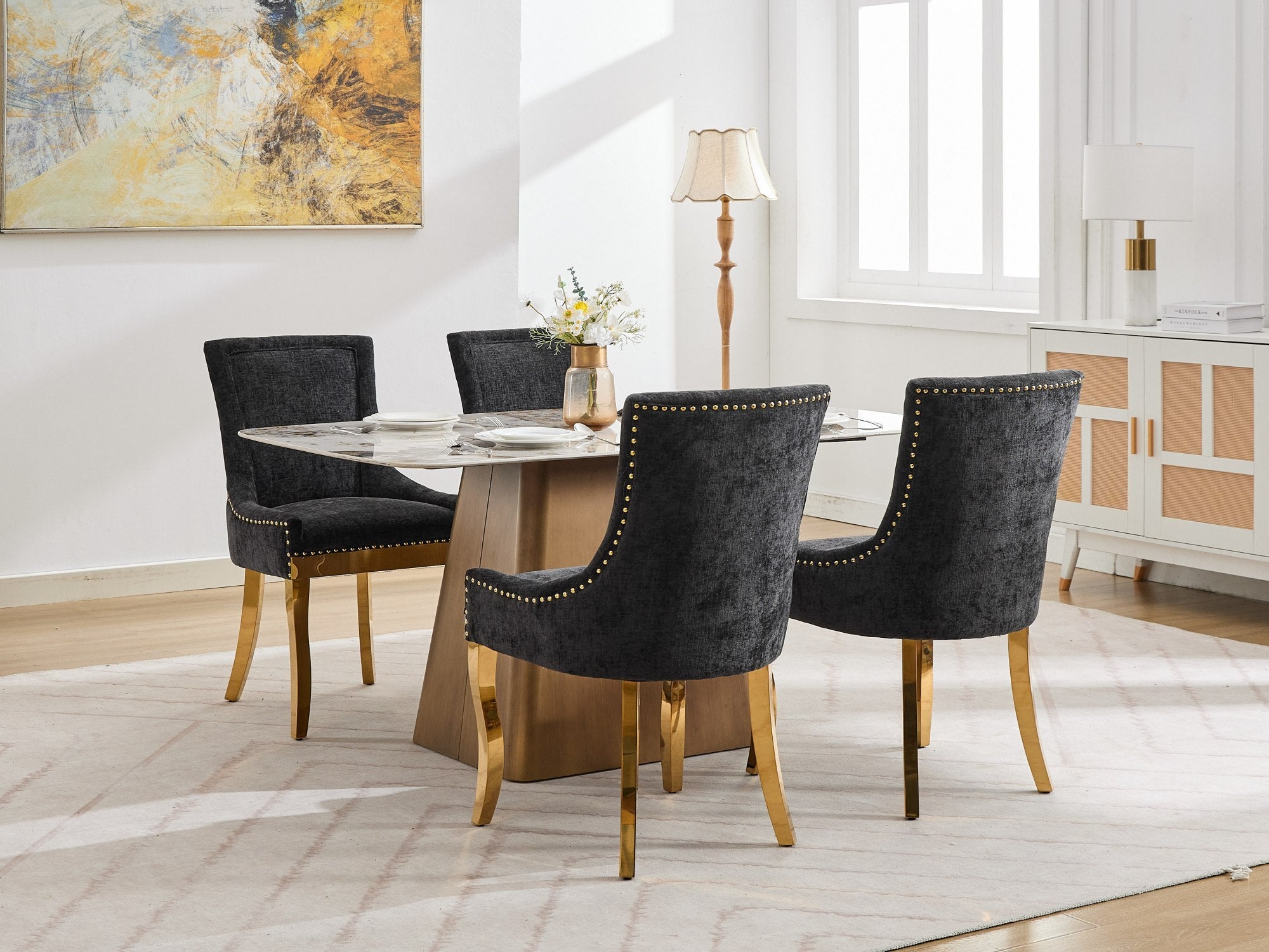 Chenille Dining Chairs, Modern Style with Curved Gold - Plated Legs & Rivet Trim, Upholstered Comfort for Dining/Lounge, Accent Seating with Textured Fabric & One - Piece Structure, Black,Set of 2