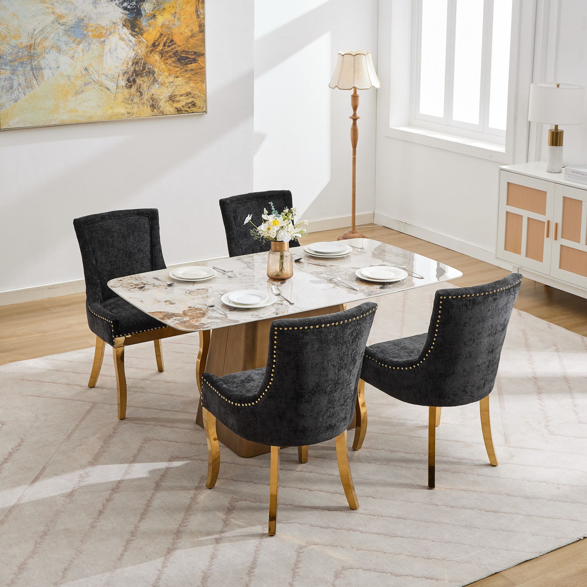 Chenille Dining Chairs, Modern Style with Curved Gold - Plated Legs & Rivet Trim, Upholstered Comfort for Dining/Lounge, Accent Seating with Textured Fabric & One - Piece Structure, Black,Set of 2