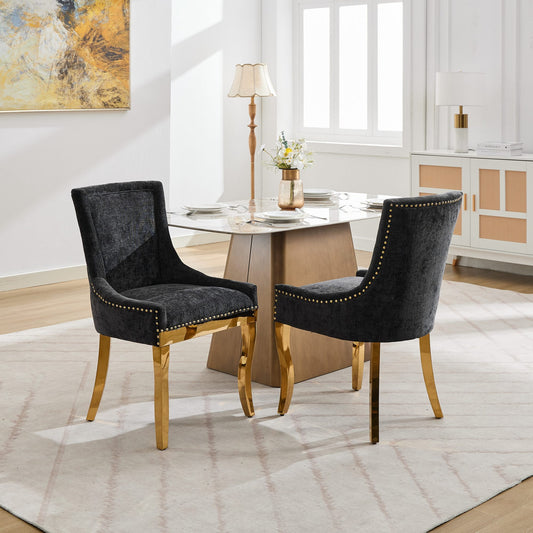 Chenille Dining Chairs, Modern Style with Curved Gold - Plated Legs & Rivet Trim, Upholstered Comfort for Dining/Lounge, Accent Seating with Textured Fabric & One - Piece Structure, Black,Set of 2