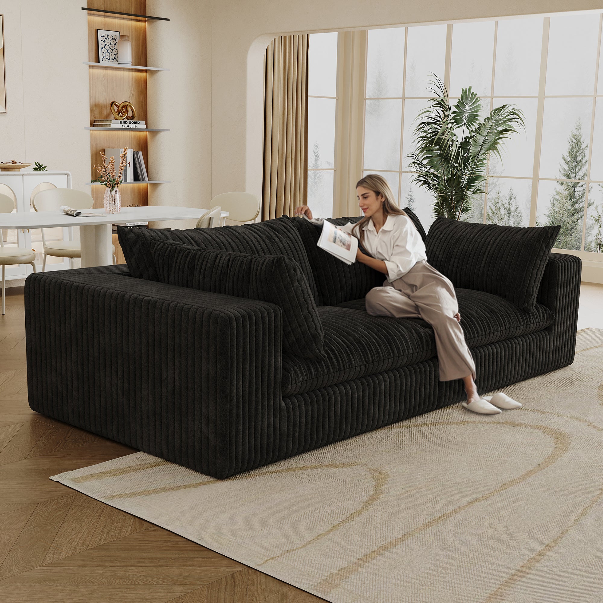 39.8' Cloud Sofa,Corduroy Fabric,Deep Seat Couches,Double-layer design,Removable Cushion,No Assembly, DIY Combination for Living room, Bedroom,Conference room ,Apartment,Black Sofa