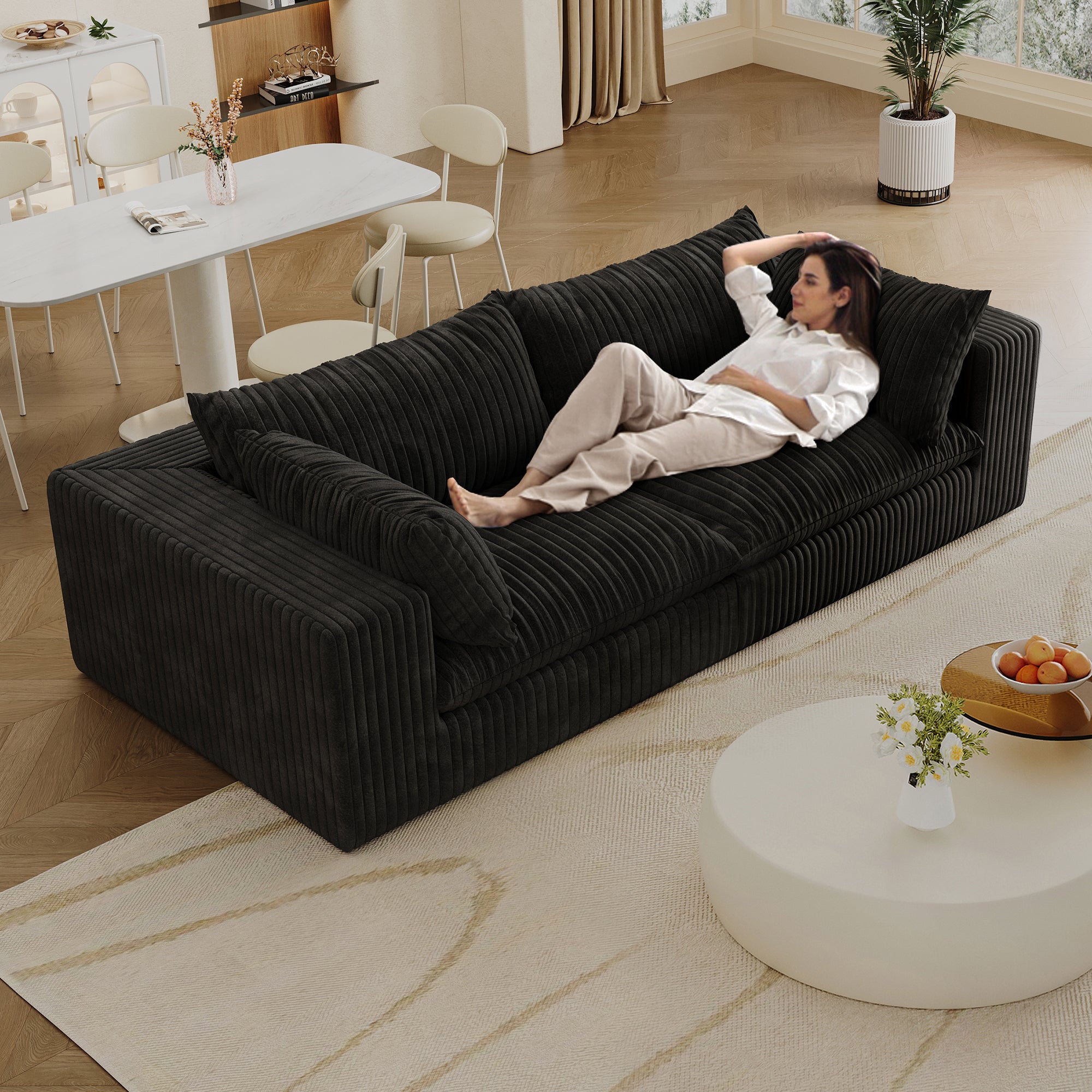 39.8' Cloud Sofa,Corduroy Fabric,Deep Seat Couches,Double-layer design,Removable Cushion,No Assembly, DIY Combination for Living room, Bedroom,Conference room ,Apartment,Black Sofa