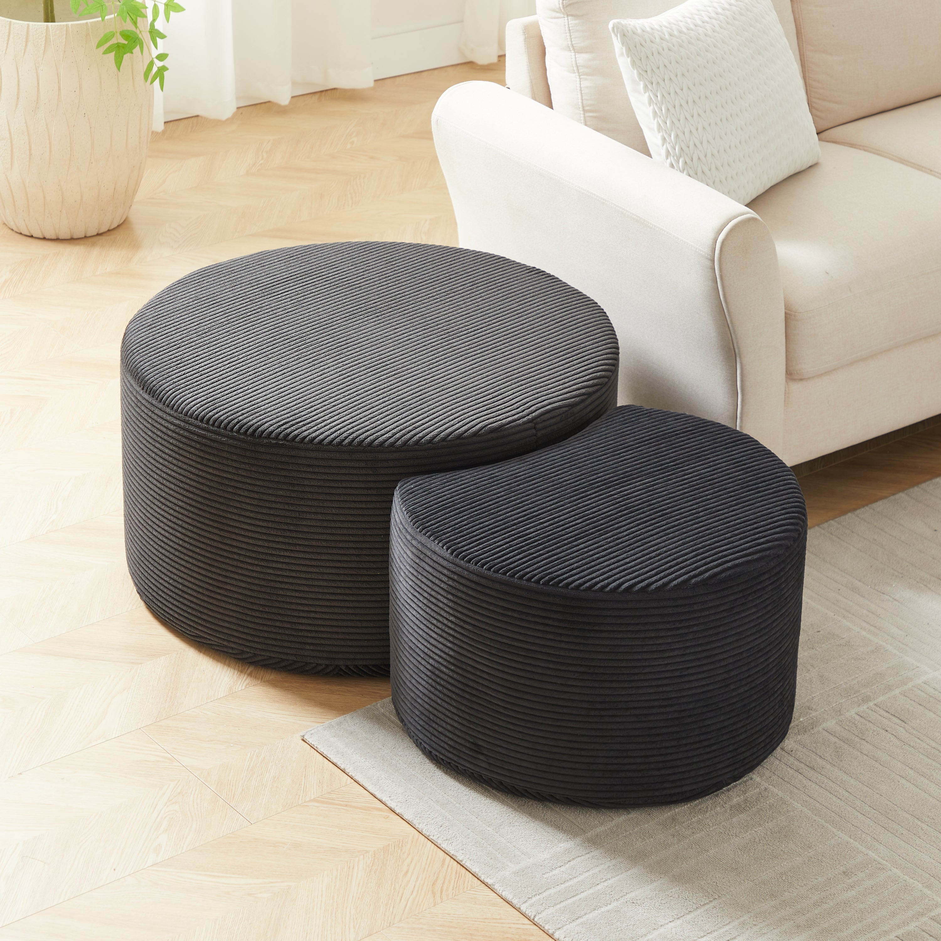 Nesting Coffee Table Set of 2,Upholstered Round Coffee Tables Set of 2 for Living Room, Modern Foam Round Coffee Table Side Table End Table Ottoman, No Assembly