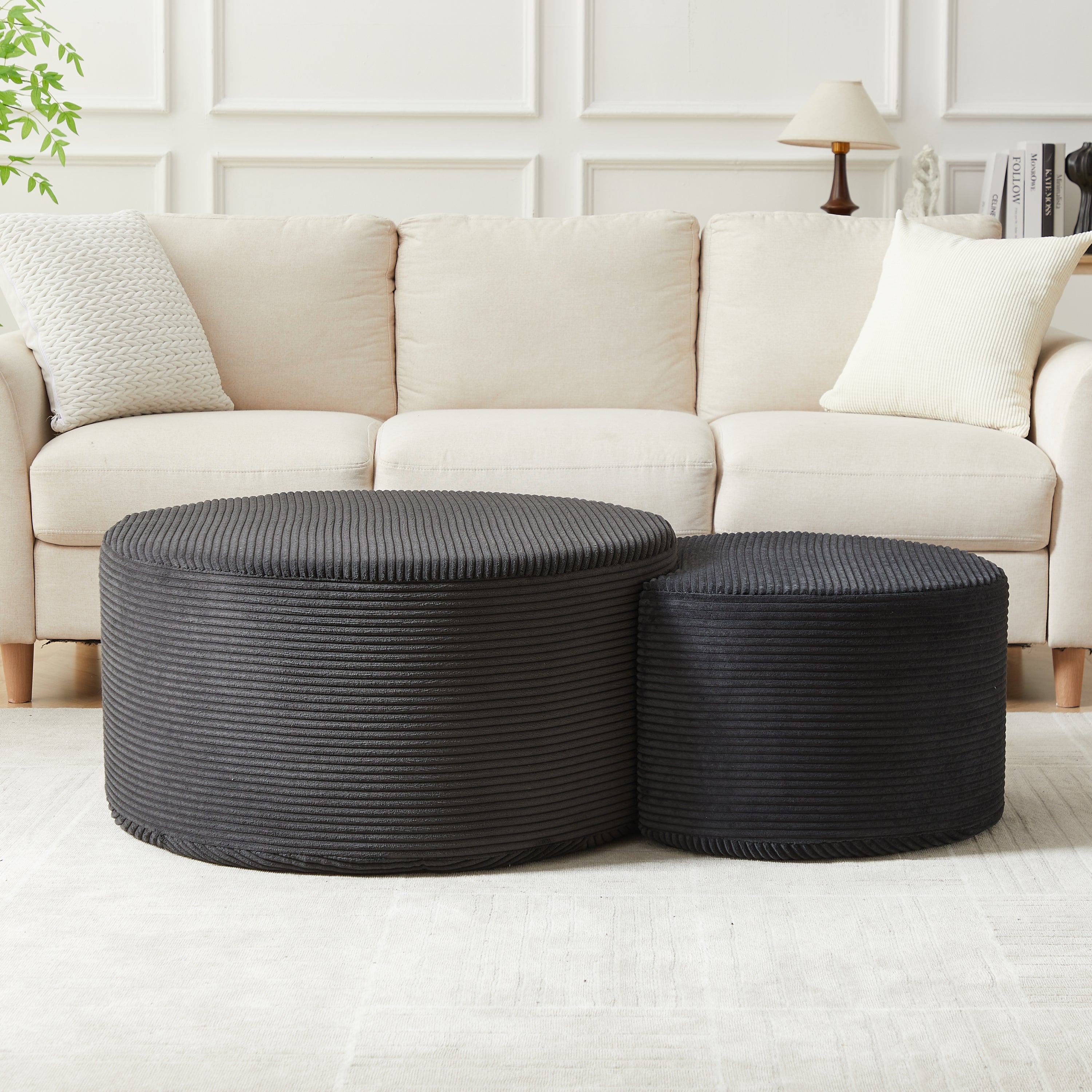 Nesting Coffee Table Set of 2,Upholstered Round Coffee Tables Set of 2 for Living Room, Modern Foam Round Coffee Table Side Table End Table Ottoman, No Assembly