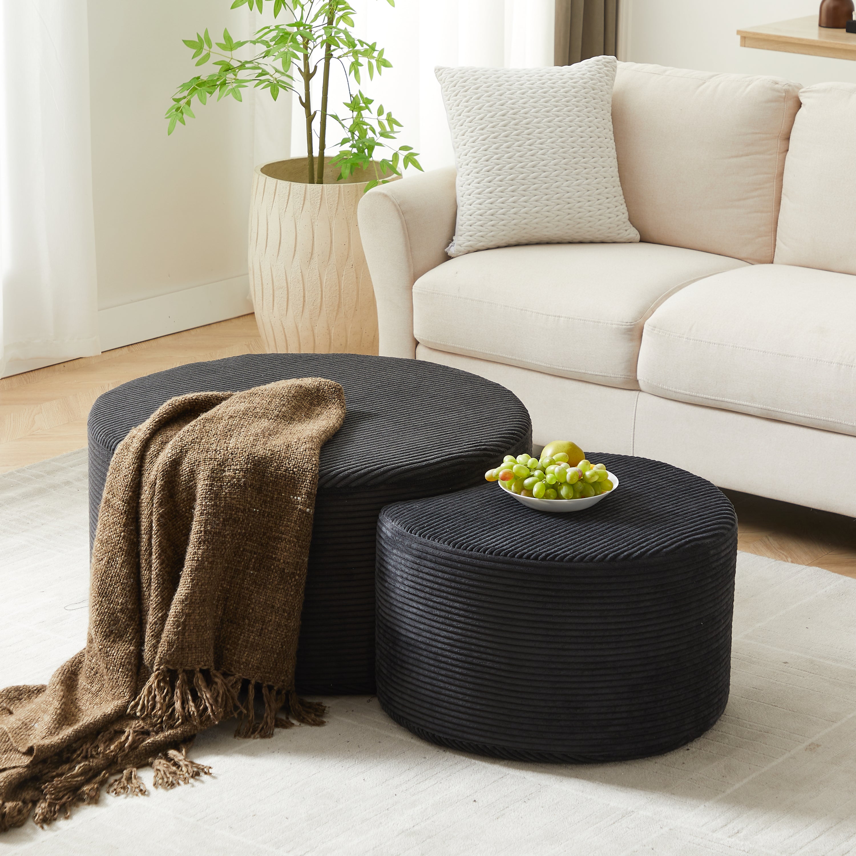 Nesting Coffee Table Set of 2,Upholstered Round Coffee Tables Set of 2 for Living Room, Modern Foam Round Coffee Table Side Table End Table Ottoman, No Assembly