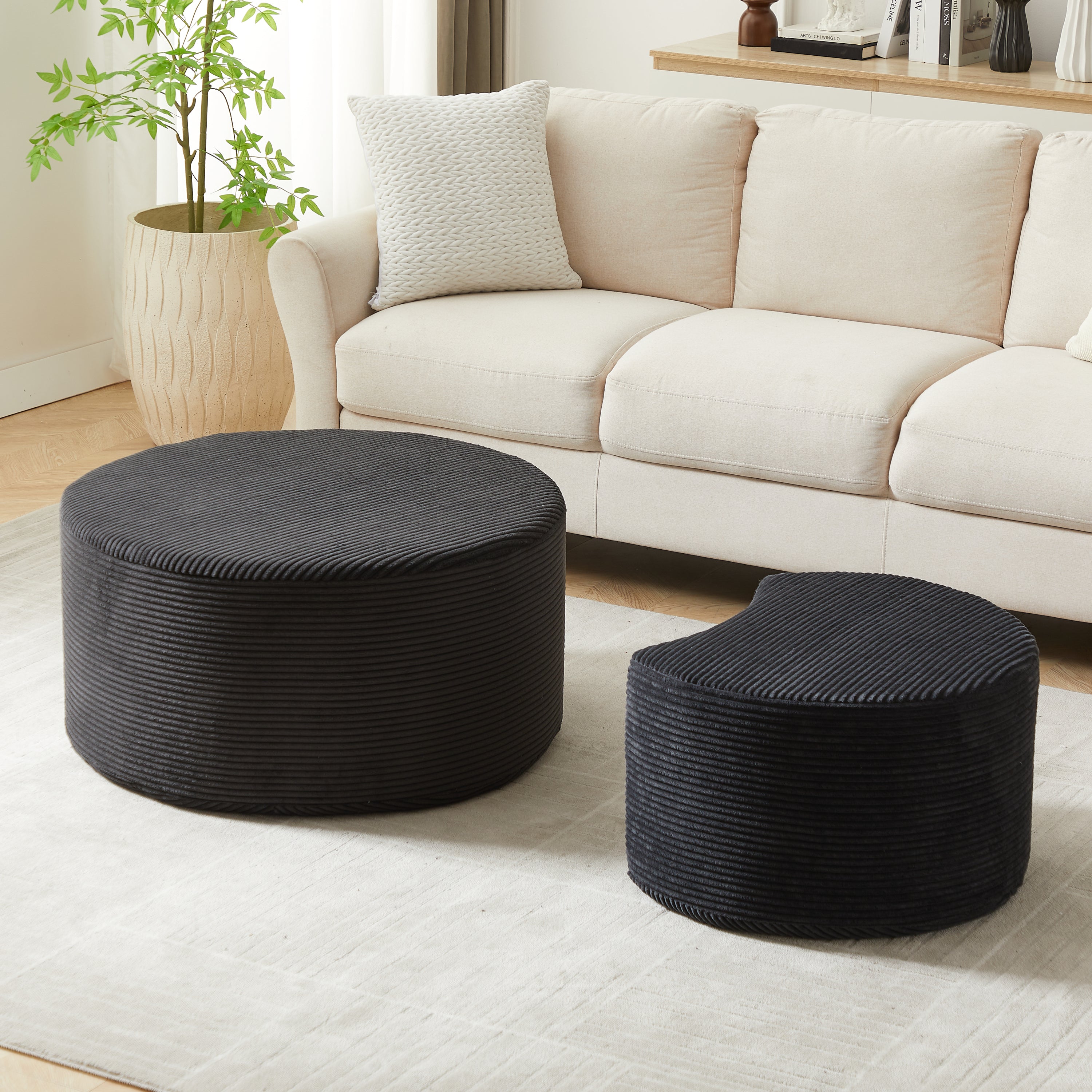 Nesting Coffee Table Set of 2,Upholstered Round Coffee Tables Set of 2 for Living Room, Modern Foam Round Coffee Table Side Table End Table Ottoman, No Assembly