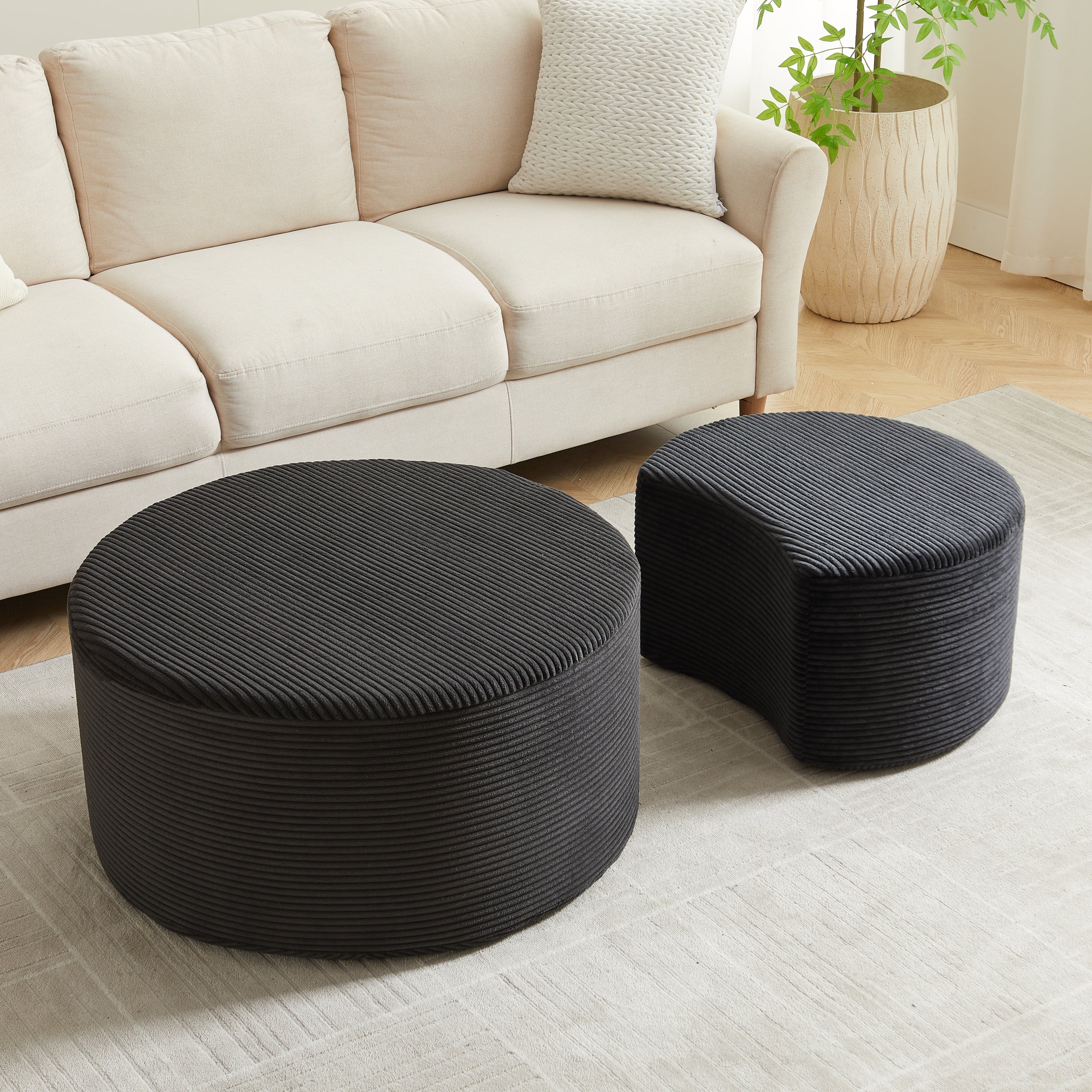 Nesting Coffee Table Set of 2,Upholstered Round Coffee Tables Set of 2 for Living Room, Modern Foam Round Coffee Table Side Table End Table Ottoman, No Assembly