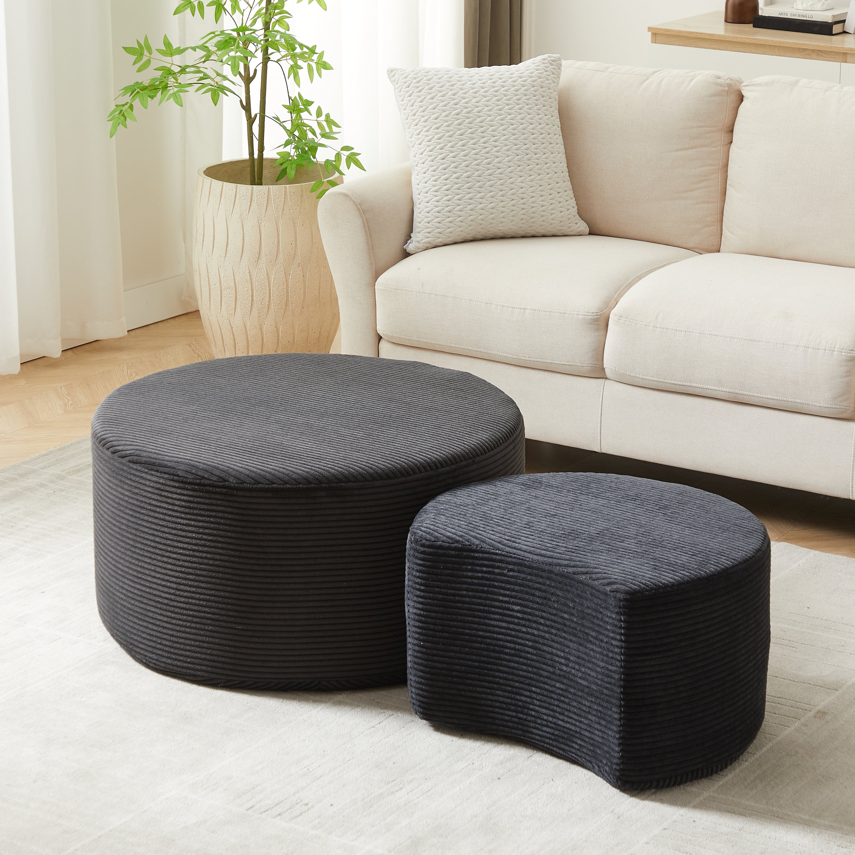 Nesting Coffee Table Set of 2,Upholstered Round Coffee Tables Set of 2 for Living Room, Modern Foam Round Coffee Table Side Table End Table Ottoman, No Assembly