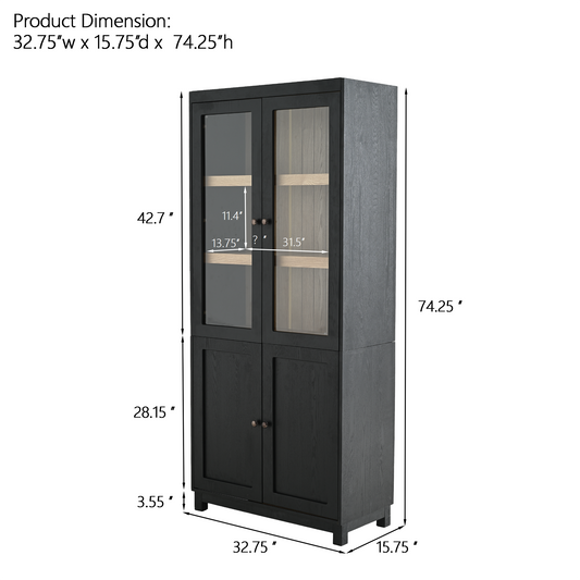 74.5'' Tall Display Cabinet with Glass Doors, Modern Style China Cabinet, Curio Cabinet for Collectibles Figures Trophies, for Hallways Living Room, Kitchen, Home, Studio or Workspace - Black