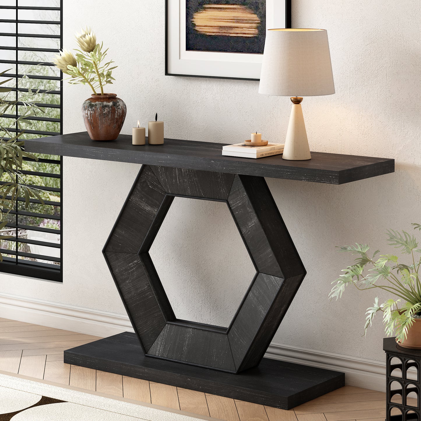 U_Style Modern Entryway Table with Innovative Hollow Hexagon Leg Structure and Premium Fir Veneer Finish for Sophistication,Suitable for Hallway, Entryway, Living Room