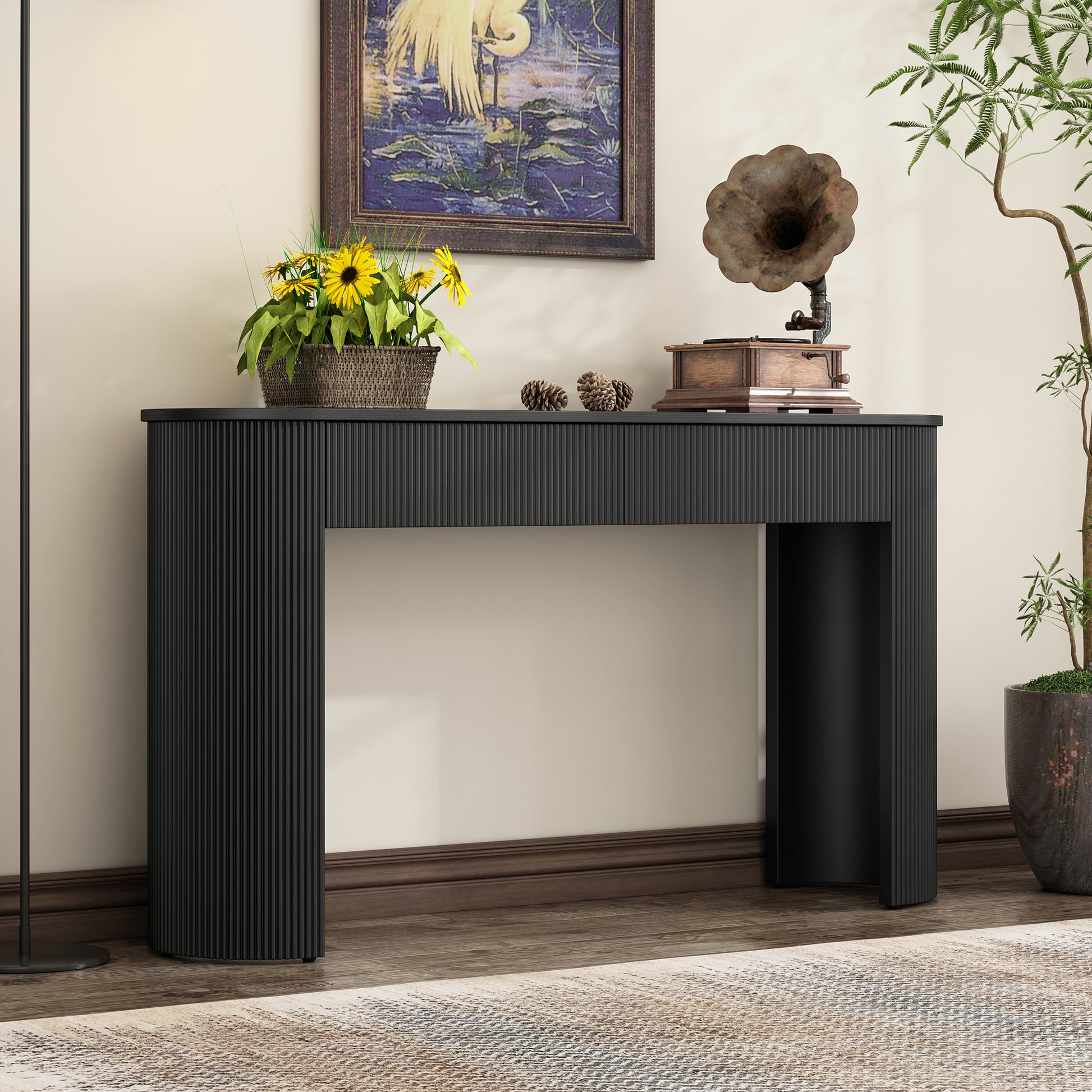 TREXM Entryway Table with Fluted Design, Modern Console Table with Storage, Oval Top and 2 Drawers for Entryway and Living Room (Black)