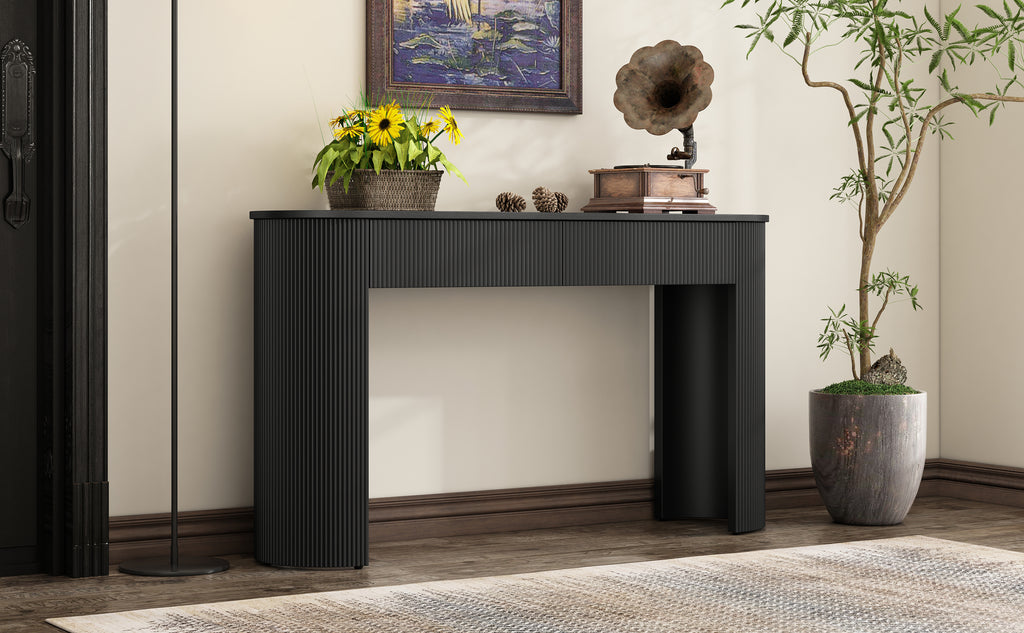 TREXM Entryway Table with Fluted Design, Modern Console Table with Storage, Oval Top and 2 Drawers for Entryway and Living Room (Black)