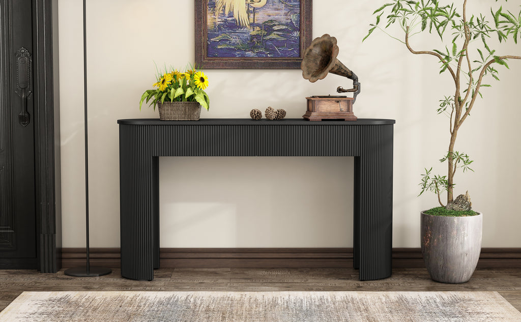 TREXM Entryway Table with Fluted Design, Modern Console Table with Storage, Oval Top and 2 Drawers for Entryway and Living Room (Black)