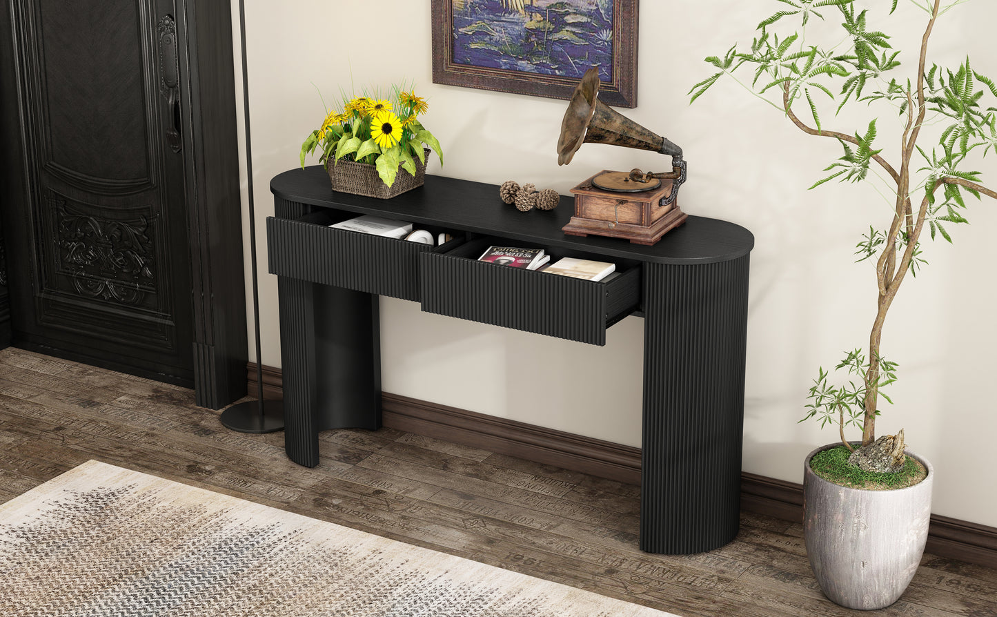 TREXM Entryway Table with Fluted Design, Modern Console Table with Storage, Oval Top and 2 Drawers for Entryway and Living Room (Black)