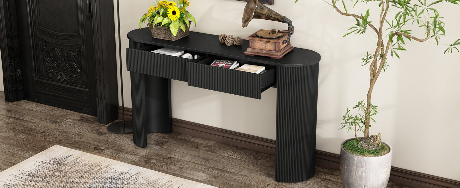TREXM Entryway Table with Fluted Design, Modern Console Table with Storage, Oval Top and 2 Drawers for Entryway and Living Room (Black)