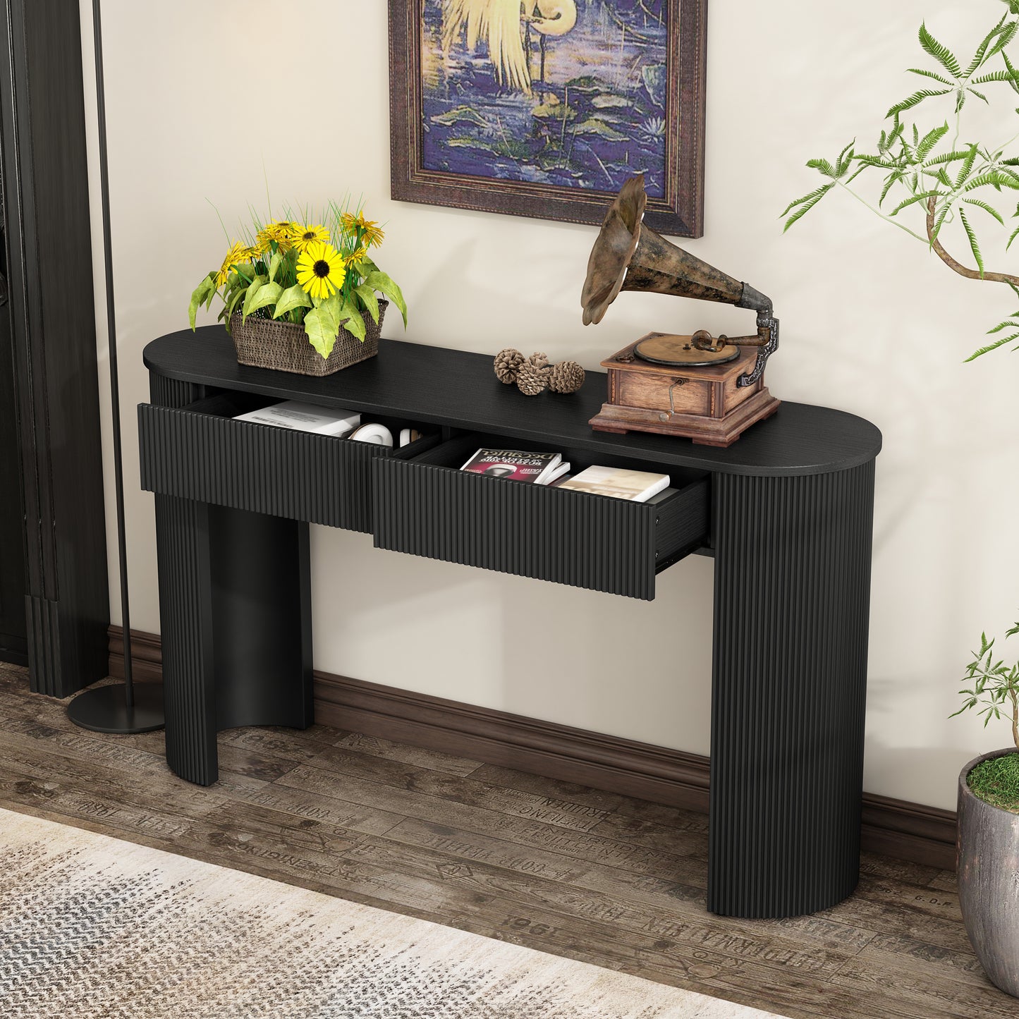 TREXM Entryway Table with Fluted Design, Modern Console Table with Storage, Oval Top and 2 Drawers for Entryway and Living Room (Black)