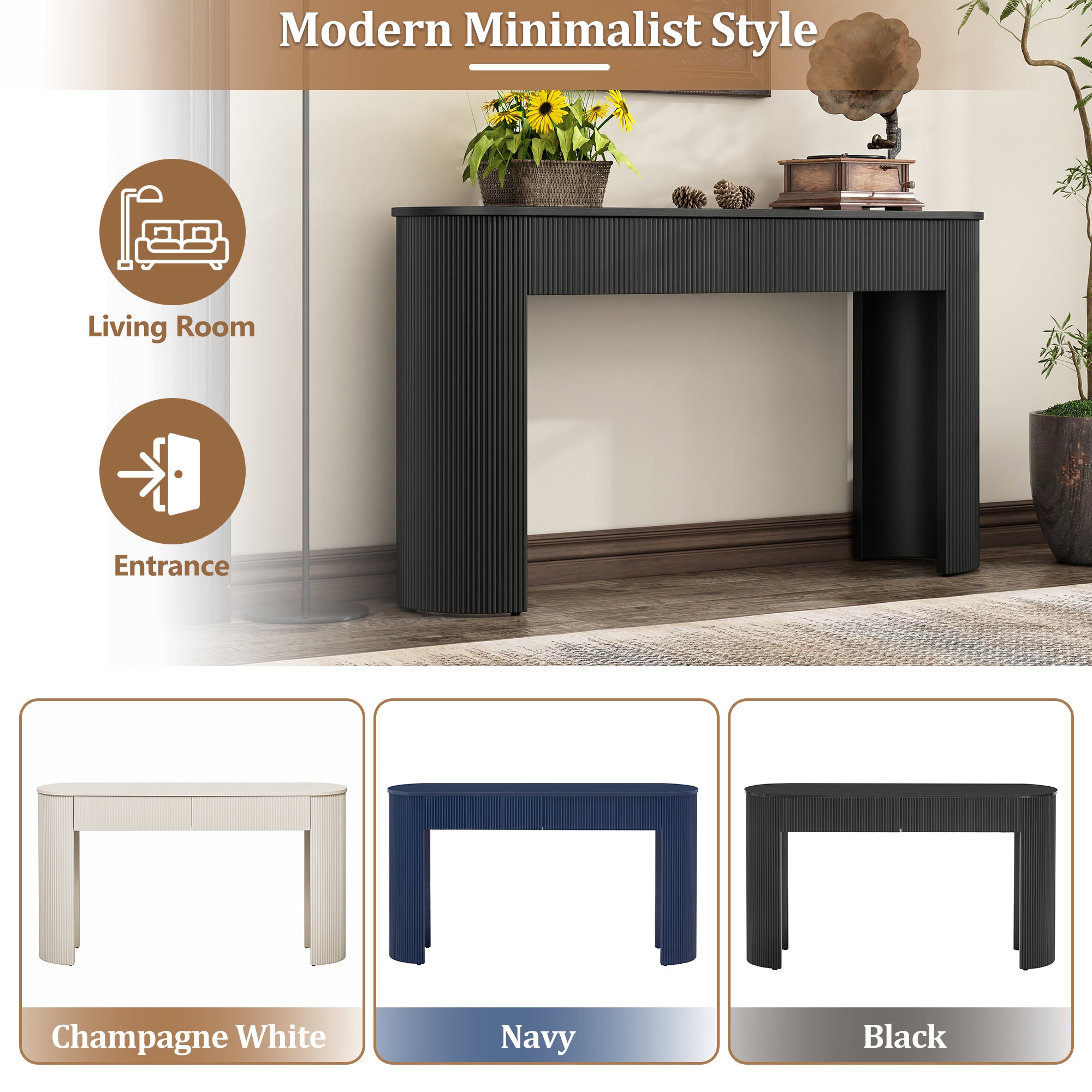 TREXM Entryway Table with Fluted Design, Modern Console Table with Storage, Oval Top and 2 Drawers for Entryway and Living Room (Black)