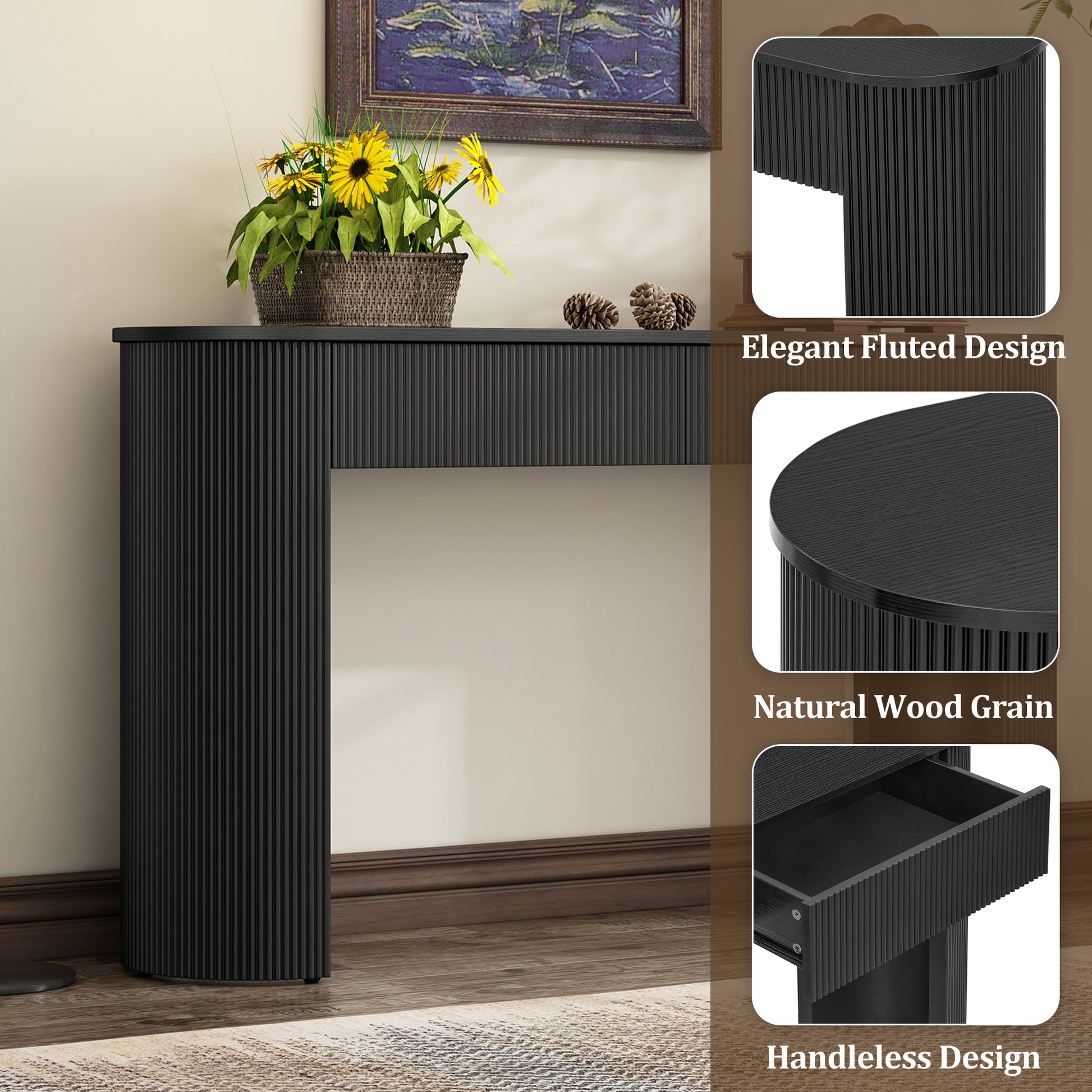 TREXM Entryway Table with Fluted Design, Modern Console Table with Storage, Oval Top and 2 Drawers for Entryway and Living Room (Black)