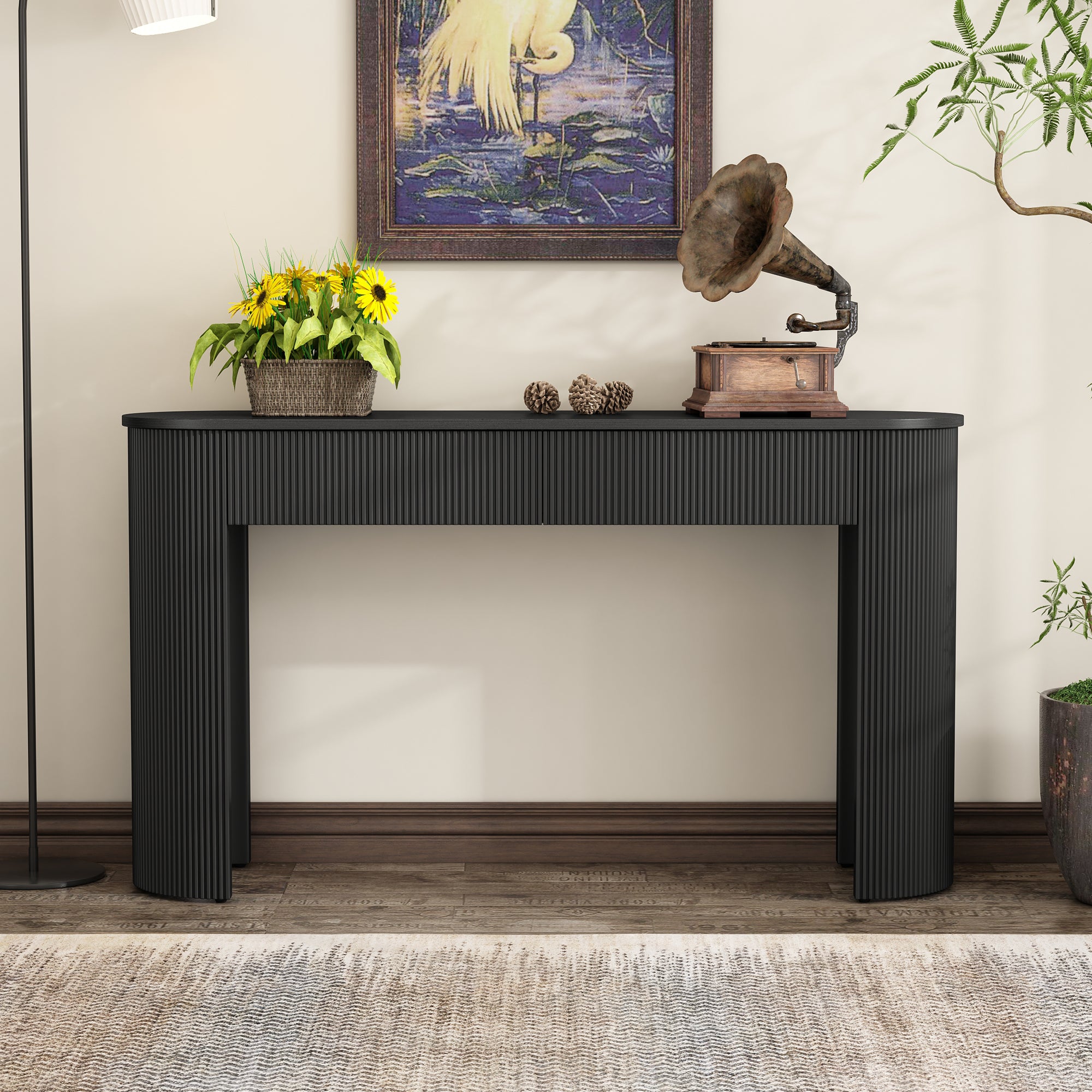 TREXM Entryway Table with Fluted Design, Modern Console Table with Storage, Oval Top and 2 Drawers for Entryway and Living Room (Black)