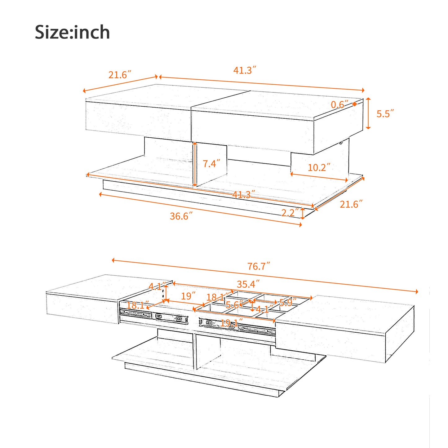 U-Can 41.3''-76.7'' Extendable Coffee Table, Efficient Central Coffee Table with Multiple Storage Compartments, Multifunctional Adjustable Coffee Table with Hidden Storage Space for Living Room