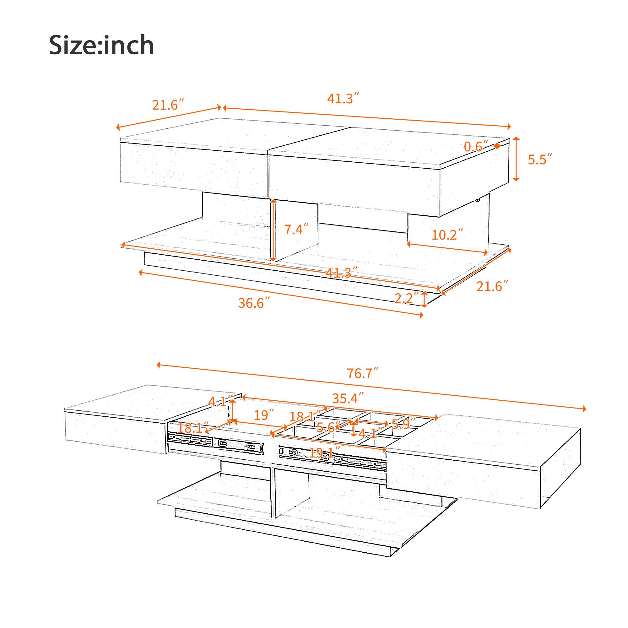 U-Can 41.3''-76.7'' Extendable Coffee Table, Efficient Central Coffee Table with Multiple Storage Compartments, Multifunctional Adjustable Coffee Table with Hidden Storage Space for Living Room