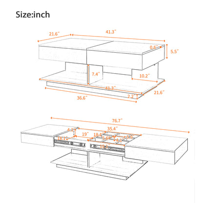 U-Can 41.3''-76.7'' Extendable Coffee Table, Efficient Central Coffee Table with Multiple Storage Compartments, Multifunctional Adjustable Coffee Table with Hidden Storage Space for Living Room