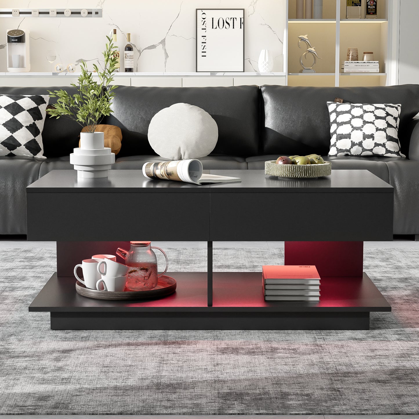 U-Can 41.3''-76.7'' Extendable Coffee Table, Efficient Central Coffee Table with Multiple Storage Compartments, Multifunctional Adjustable Coffee Table with Hidden Storage Space for Living Room