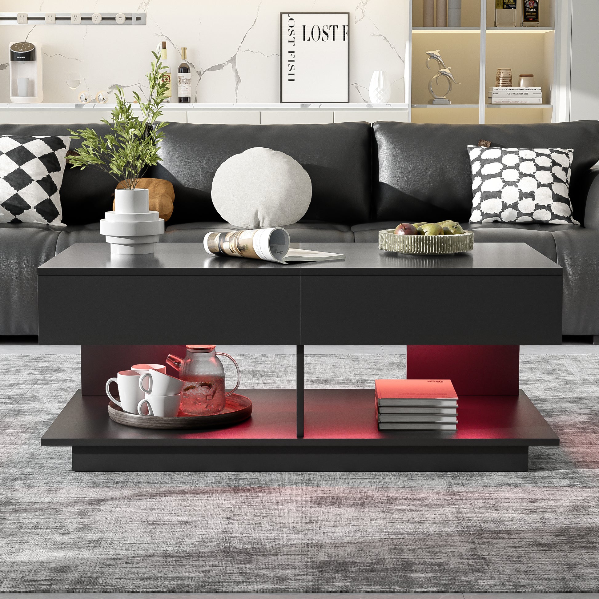 U-Can 41.3''-76.7'' Extendable Coffee Table, Efficient Central Coffee Table with Multiple Storage Compartments, Multifunctional Adjustable Coffee Table with Hidden Storage Space for Living Room