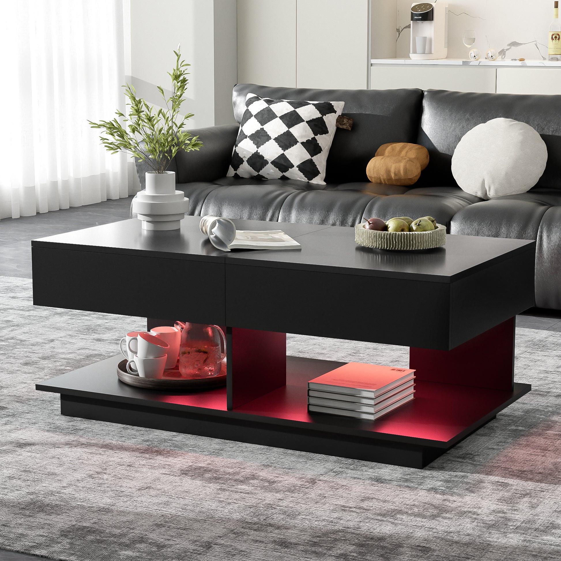 U-Can 41.3''-76.7'' Extendable Coffee Table, Efficient Central Coffee Table with Multiple Storage Compartments, Multifunctional Adjustable Coffee Table with Hidden Storage Space for Living Room