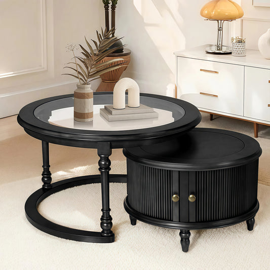 Modern Nesting Coffee Table Set with Glass and Solid Wood Frame