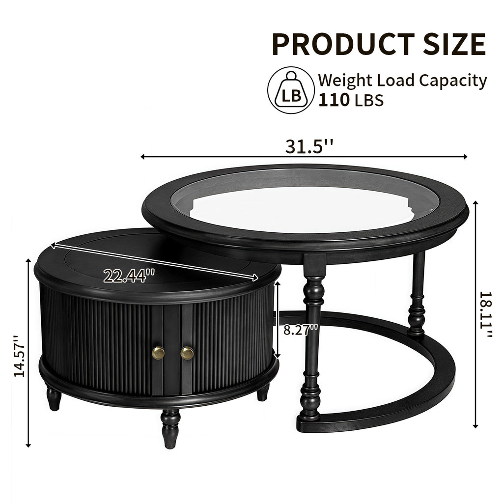 Modern Black Glass And Wood Nesting Coffee Table Set.