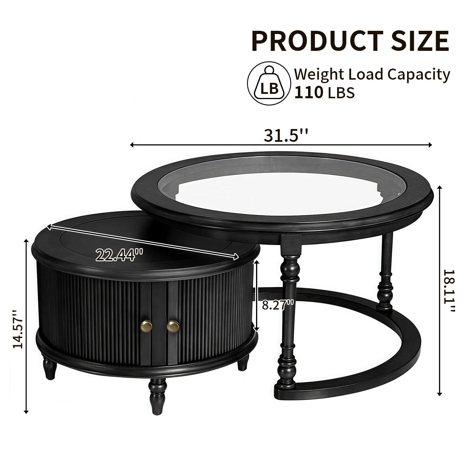 Modern Nesting Coffee Table Set with Glass and Solid Wood Frame