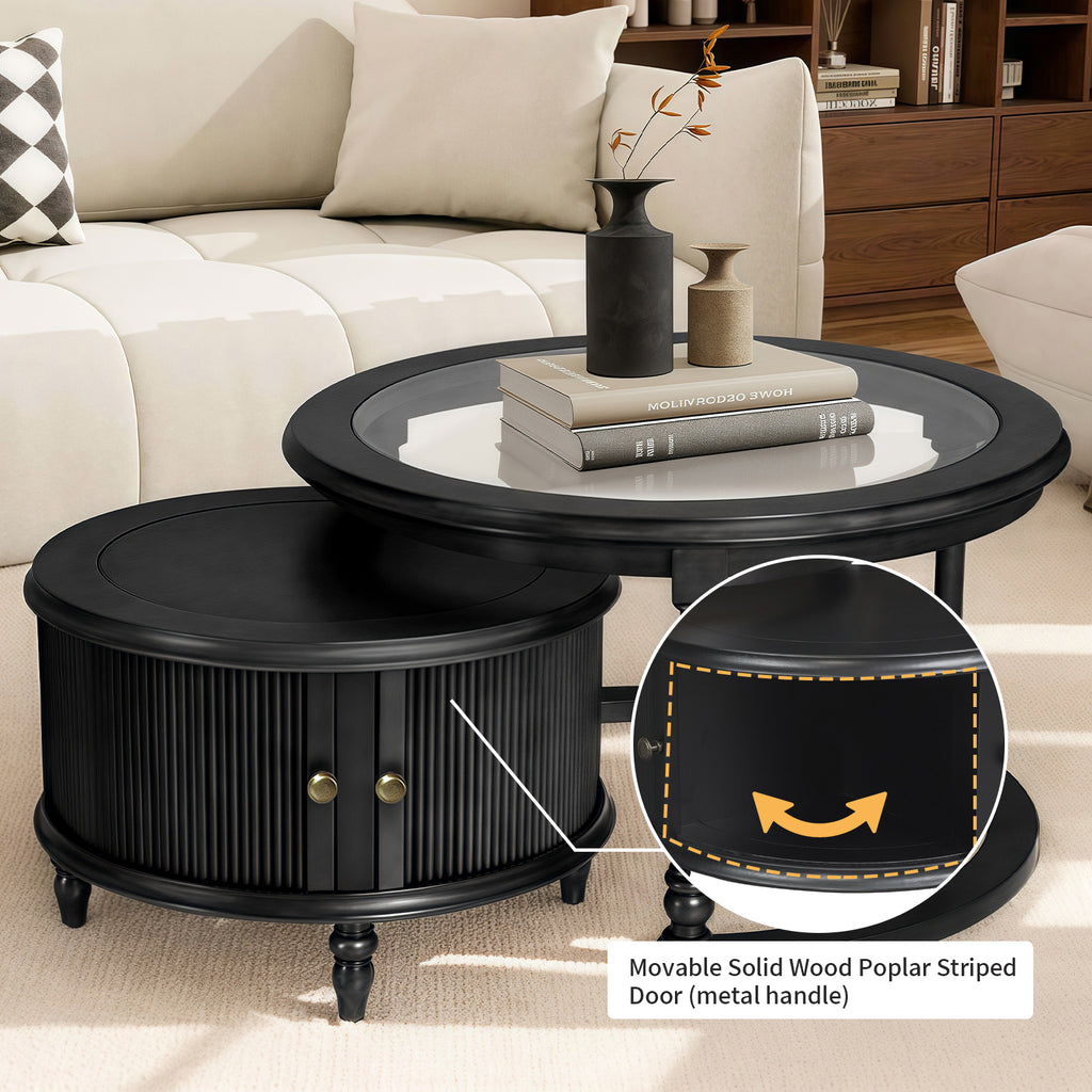 Modern Black Glass And Wood Nesting Coffee Table Set.