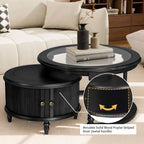 Modern Black Glass And Wood Nesting Coffee Table Set.
