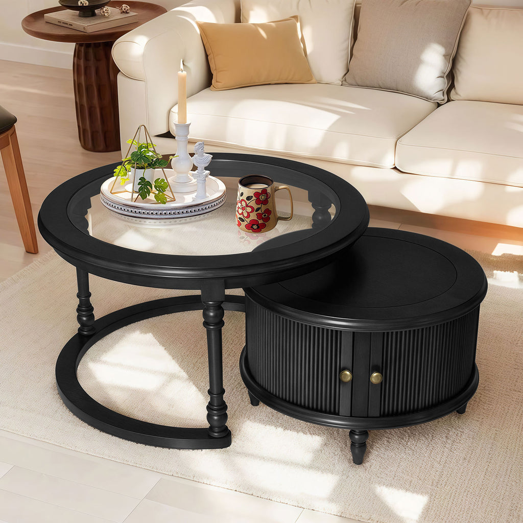 Modern Black Glass And Wood Nesting Coffee Table Set.
