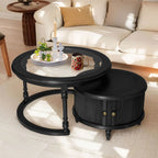 Modern Black Glass And Wood Nesting Coffee Table Set.